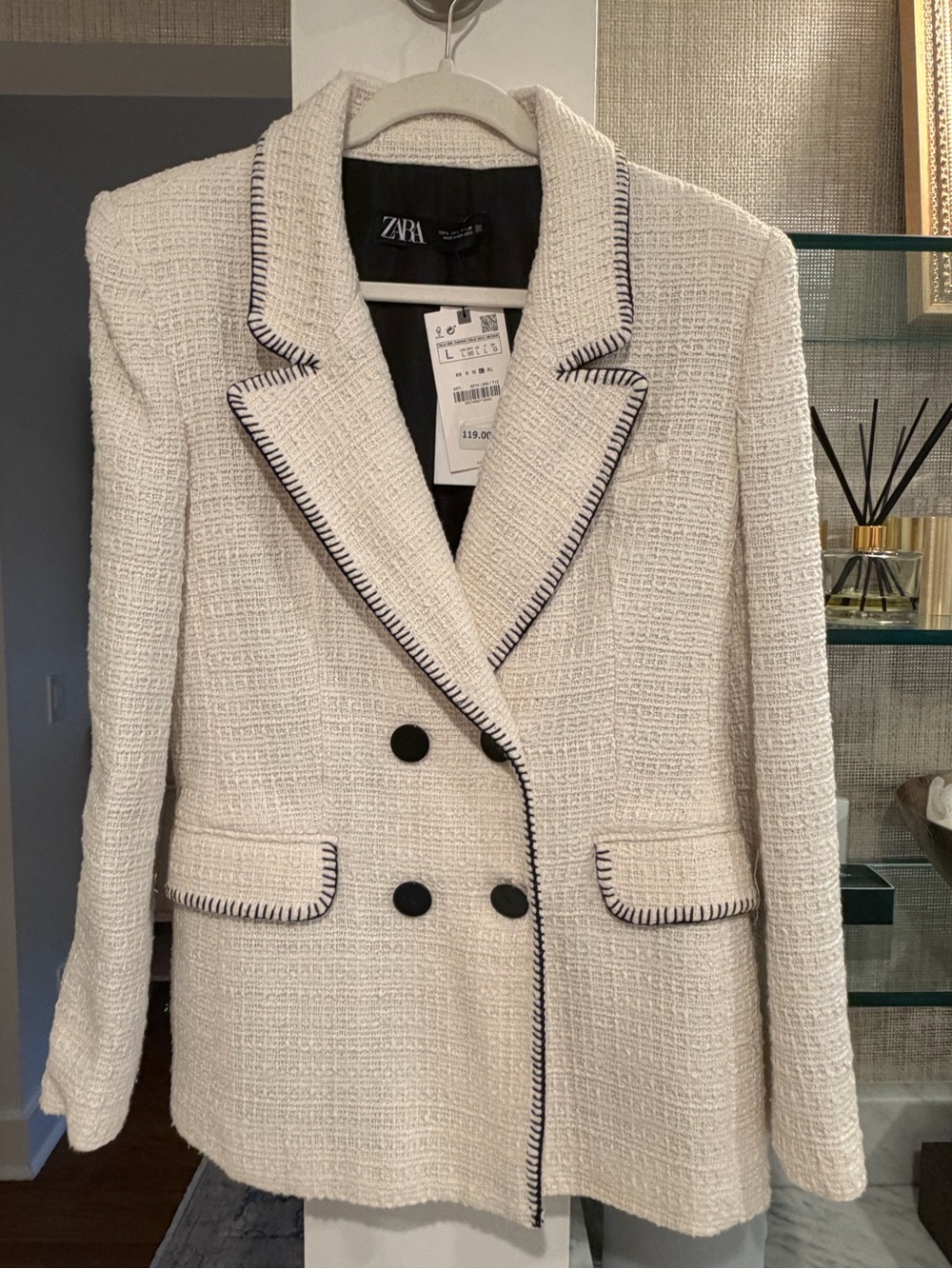 Zara Cream Tweed Double-Breasted Blazer with Black Trim